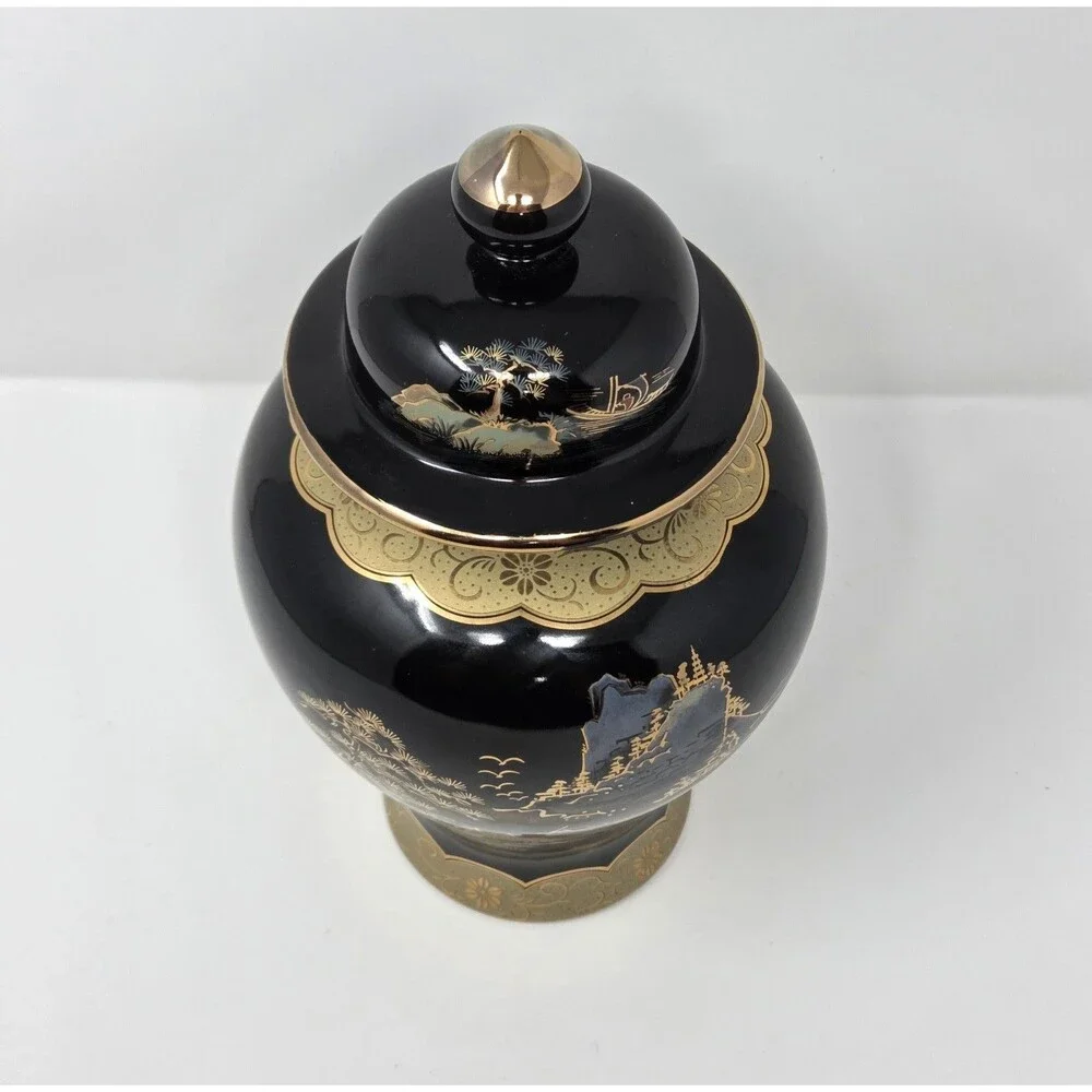 Vintage‎ Japanese Black Gold Ginger Jar Lidded Urn Scenic Landscape Decor